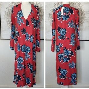 Zara Red Floral Midi Dress with Blue Blossoms